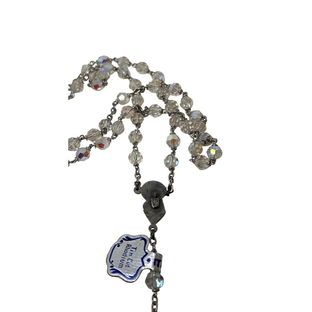 Vintage Italy Rosary Aurora Borealis Tin Cut Rhodium Crystal‎ Beads Madonna NWT - Picture 4 of 7